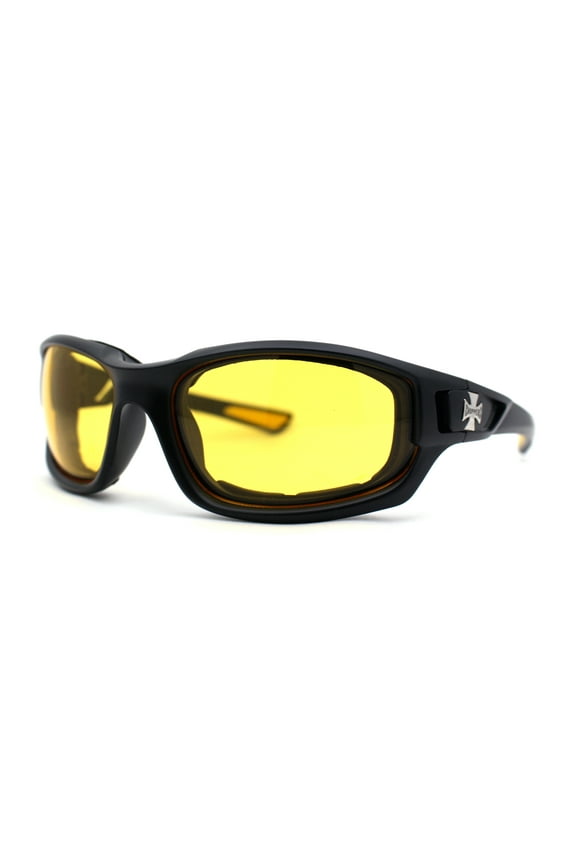 Choppers Classic Foam Pad Goggle Style Wrap Biker Sunglasses Matte Black Night Driving Yellow Lens