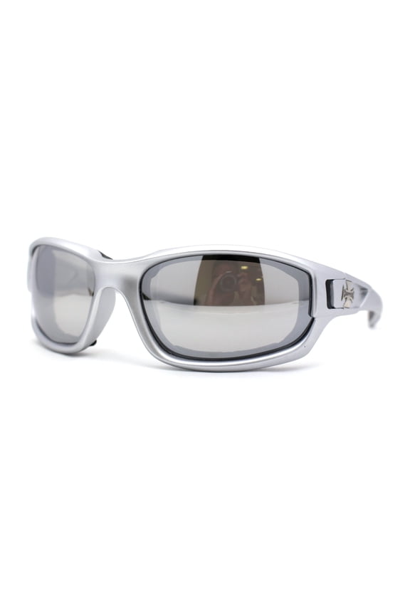 Choppers Classic Foam Pad Goggle Style Wrap Biker Sunglasses Silver Mirror