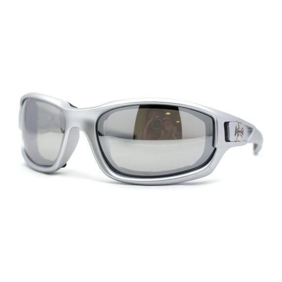 Choppers Classic Foam Pad Goggle Style Wrap Biker Sunglasses Silver Mirror