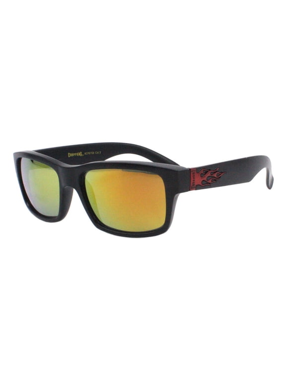 Choppers Flame Sunglasses Men’s Biker Shades UV400 Matte Black, Orange Mirror