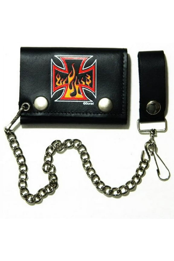 Choppers Maltese Cross Flames Biker Chain Leather Wallet Tri Fold PPM104
