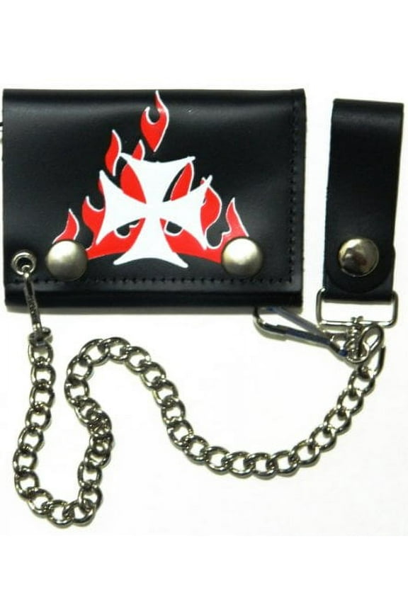 Choppers Maltese Cross Red Flames Biker Chain Leather Wallet Tri Fold