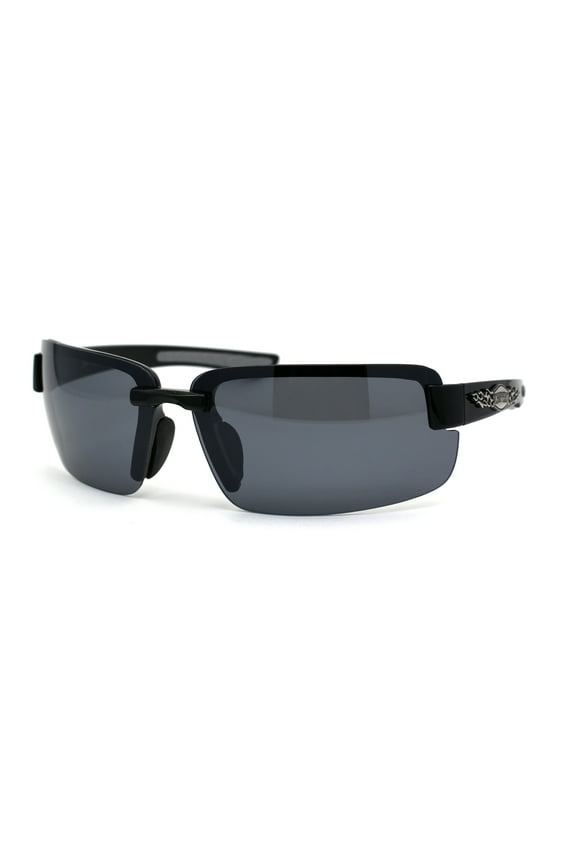 Mens Biker Exposed Lens Rectangular Motorcycle Sunglasses Black Grey Black