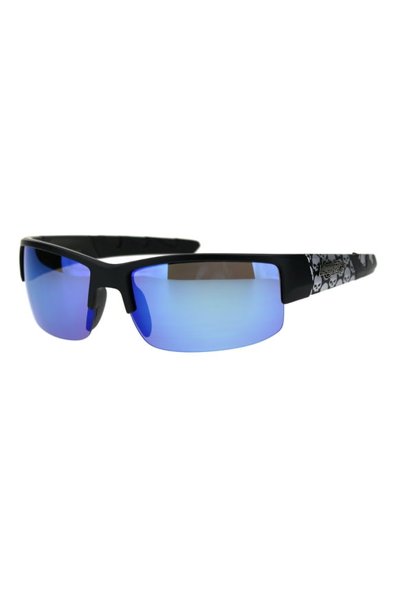 Choppers Mens Skull Print Arm Half Rim Warp Gangster Sunglasses Matte Black Blue Mirror
