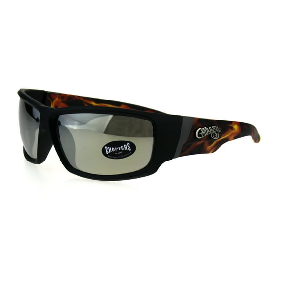 Choppers Rectangular Biker Warp Around Flaming Arm Riding Sunglasses Black Orange Mirror