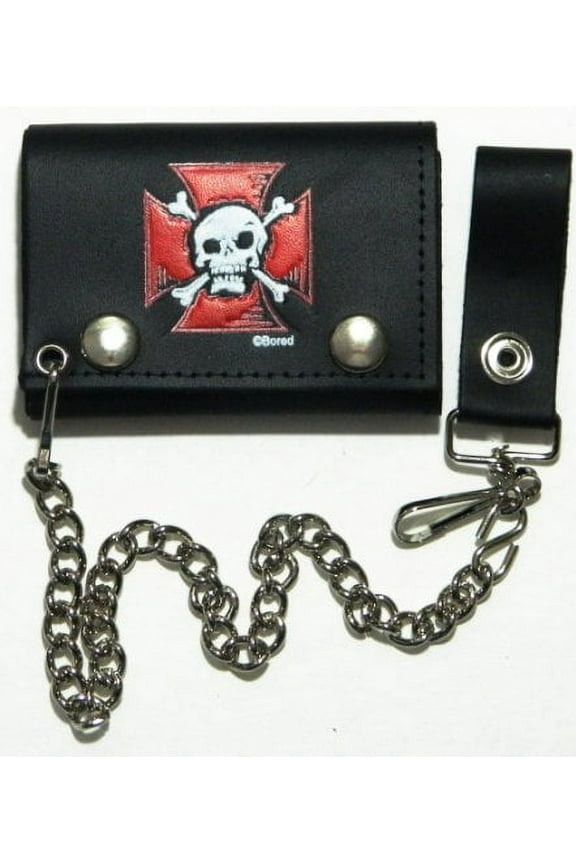 Choppers Skull Crossbones Biker Chain Leather Wallet Tri Fold