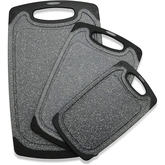 Chopping Board Set of 3, Non-Slip Rubber Cutting Boards with Juice Groove, Reversible Design for Meat Vegetables Fruits, Dishwasher Safe, Gray