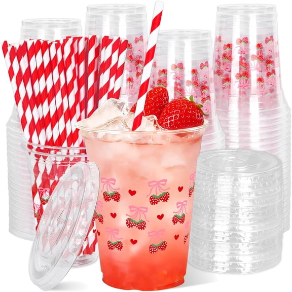 JJEAN-50Pcs Pink Bow Strawberry Disposable Plastic Cups with Lids and Straws 12Oz Cute Bowknot Strawberry Cold Beverage Drinking Cups for Summer Birthday Wedding Party Supplies