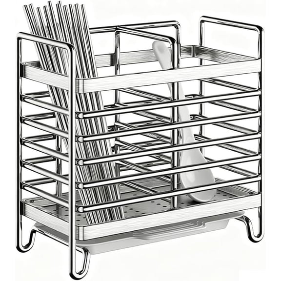 Chopstick Holder, Dual-Use Design for Wall or Countertop, Rustproof Stainless Steel with Detachable Bottom Drip Tray