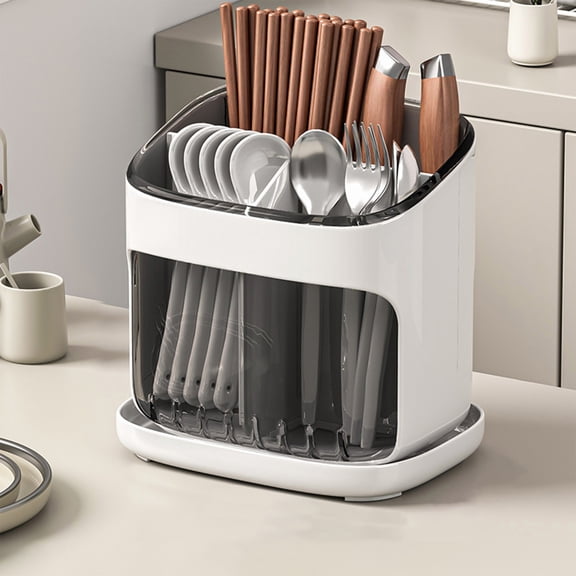 Chopstick Storage Box - Kitchen Utensil Organizer with Drainage - Large Capacity Cutlery Caddy for Forks Spoons - Plastic Flatware Holder with Tilt Design