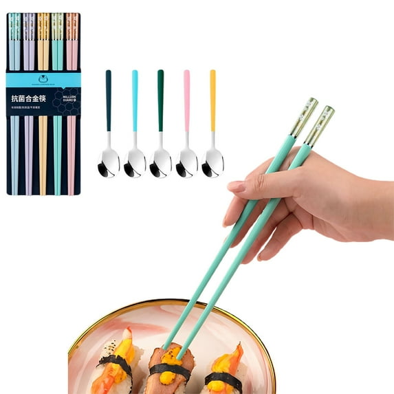 Chopsticks Reusable - Chopsticks Dishwasher Safe,Non-slip Chopsticks,Lightweight,9.6 inches - Colorful Amber Sakura Gift Chop sticks(5 Pairs Chopsticks + 5 Spoon)