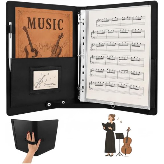 Choral Sheet Folder, PU Leather Choir Binder with Hand Strap, 120?/180? Opening Folder for Choir, Orchestra, Piano, Fits Letter Size 8.5 x 11 inch, Holds up to 220 Loose Sheets, Black