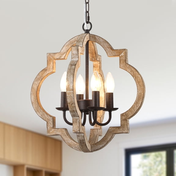Chords Attic 16" 4-Light Geometric Lantern Farmhouse Wood Chandelier, Vintage Rustic Pendant Light for Living Room, Hallway