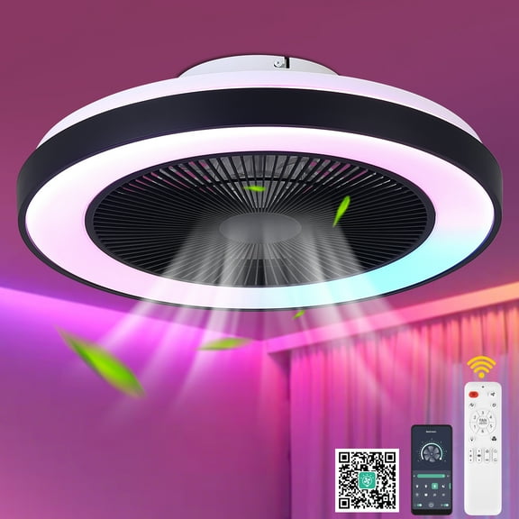 Chords Attic 19" Smart RGB Flush Mount Ceiling Fan with LED Light, App & Voice Control, Remote, 6-Speed DC Motor, 16M Colors, Timer, for Bedroom Living Room