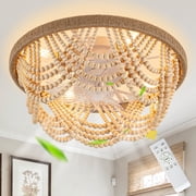 Chords Attic 20" Boho Flush Mount Ceiling Fan with Light and Remote, Farmhouse Wood Bead Fandelier Ceiling Fans for Bedroom, Living Room