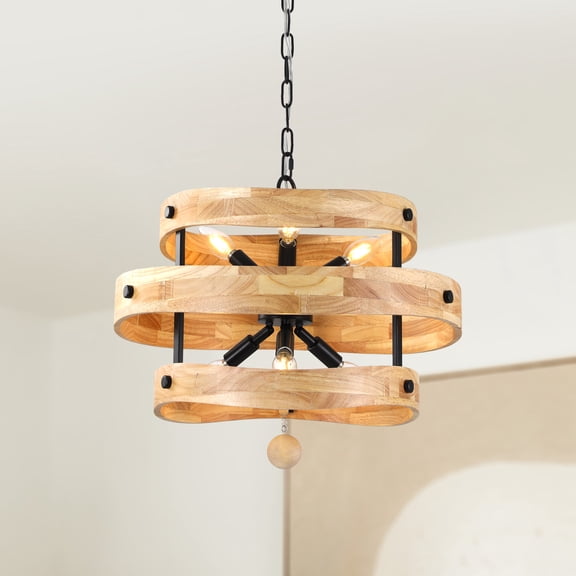 Chords Attic 20" Farmhouse Solid Wood Pendant Light, Rustic Chandelier with Adjustable 71" Chain, Hanging Lantern for Kitchen Island, Living Room, Dining Room