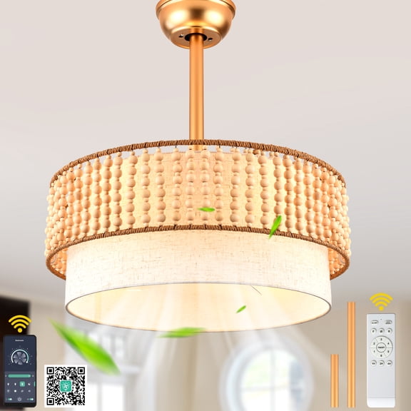 Chords Attic 20" Gold Boho Wood Beaded Ceiling Fan with Light and Remote & APP Control, DC Motor 6-Speed Ceiling Fan for Bedroom, Living Room