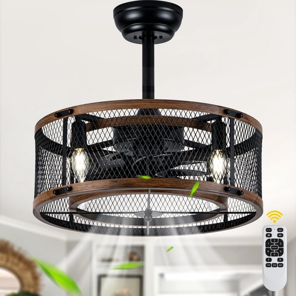 Chords Attic 20" Matte Black Caged Ceiling Fan with Light and Remote, Industrial Fan for Living Room, Bedroom