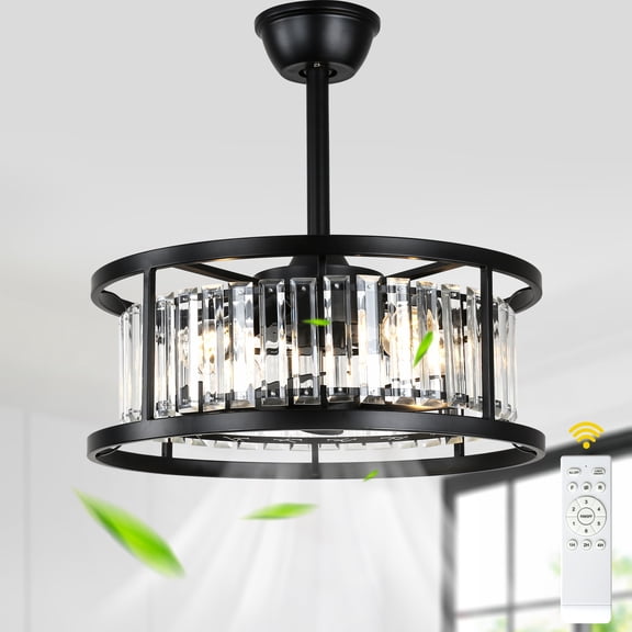 Chords Attic 20" Matte Black Crystal Ceiling Fan with Light and Remote Control, 6-Speed DC Motor for Living Room, Bedroom, Dining Room