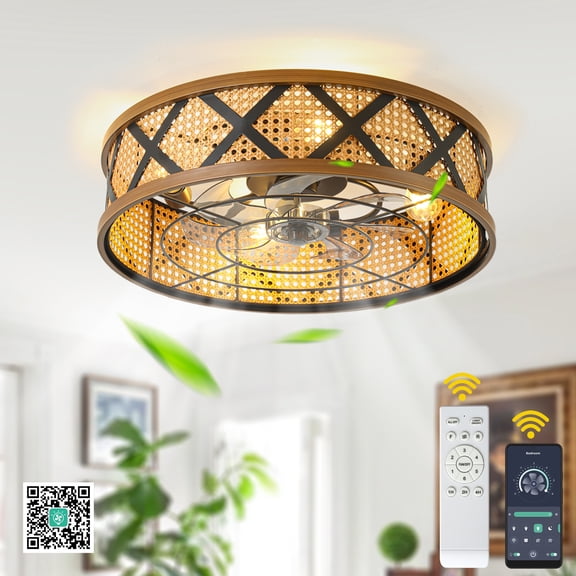 Chords Attic 20" Rattan Caged Flush Mount Ceiling Fan with Light and Remote/APP Control, Boho Low Profile Ceiling Fan with Quiet DC Motor 6 Speeds for Bedroom, Dining Room