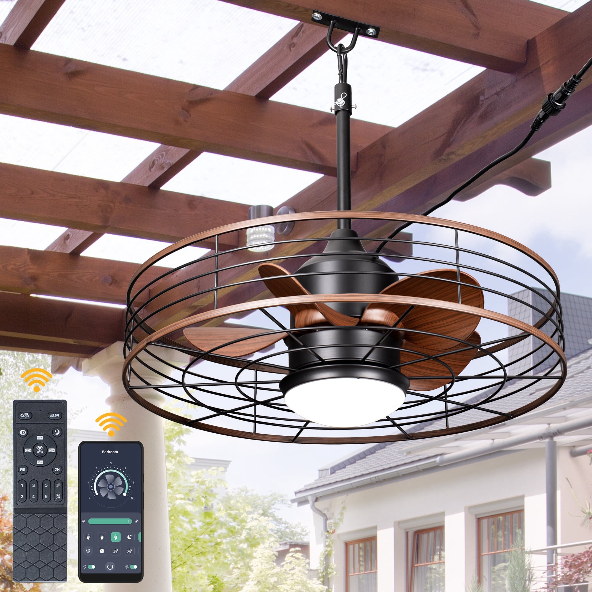 Chords Attic 24" 5-Blade Wet Rated Outdoor Ceiling Fan with LED Lights and Remote/APP Control, IP65 Waterproof  Plug in Chandelier Lighting for Patios, Gazebo