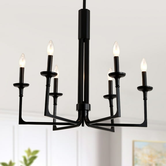 Chords Attic 28" Matte Black Wagon Wheel Chandelier with 6 Lights, Adjustable Height Rustic Industrial Ceiling Light with Candle Style Bulbs for Kitchen, Dining Room