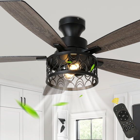 Chords Attic 52" Black Flush Mount Ceiling Fan with Light and Remote Control, 6-Speed Reversible Motor for Bedroom, Living Room
