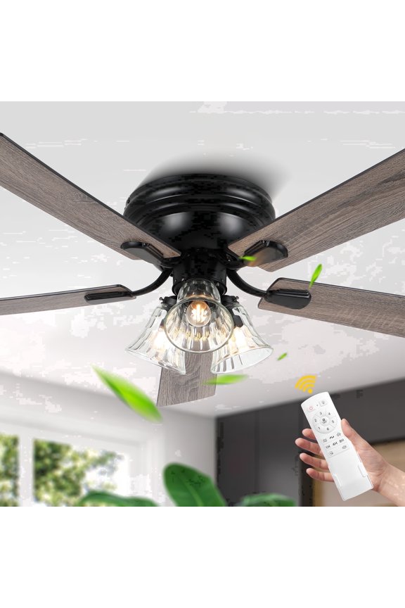 52" Vintage 5-Blade Flush Mount Ceiling Fan with Lights and Remote Control, Rustic Farmhouse Ceiling Fan with 6 Speeds for Living Room, Dining Room,Bedroom