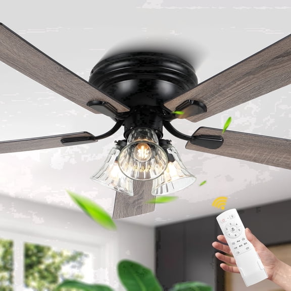 Chords Attic 52" Vintage 5-Blade Flush Mount Ceiling Fan with Lights and Remote Control, Rustic Farmhouse Ceiling Fan with 6 Speeds for Living Room, Dining Room,Bedroom