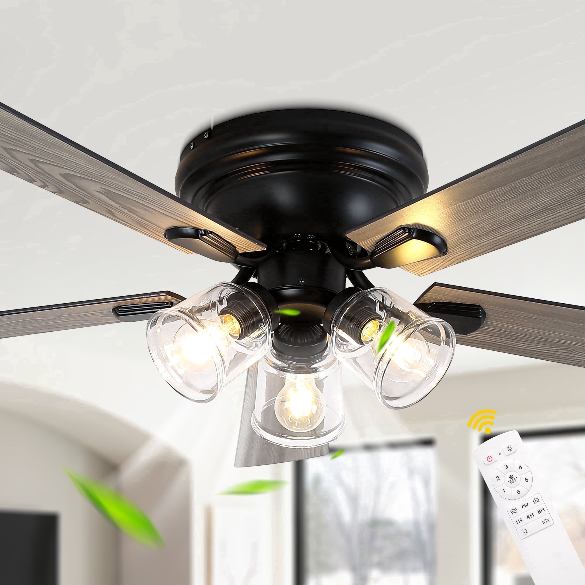 Chords Attic 52" Vintage 5-Blade Flush Mount Ceiling Fan with Lights and Remote Control, Rustic Farmhouse Ceiling Fan for Living Room, Dining Room,Bedroom