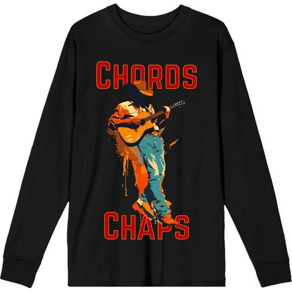"Chords & Chaps" Cowboy Americana Adult Black Crew Neck Long Sleeve Tee-Medium