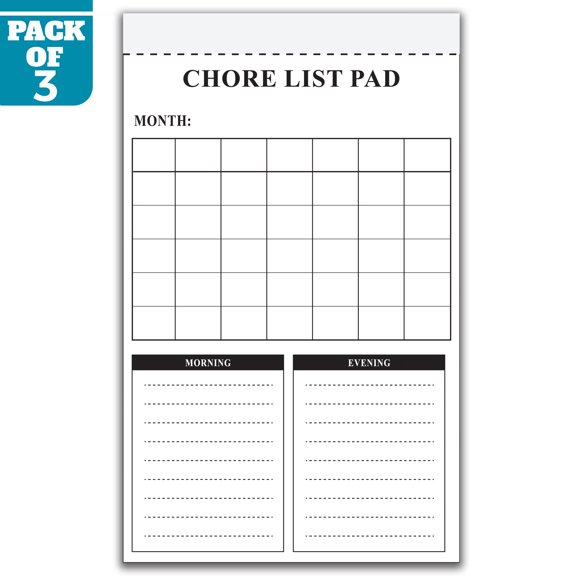 Chore List Notepad, Pack of 3, Monthly Chore Tracker with Morning & Evening Checklist, 5.5 x 8.5 Inches, 50 Sheets Per Pad, Household Cleaning Planner