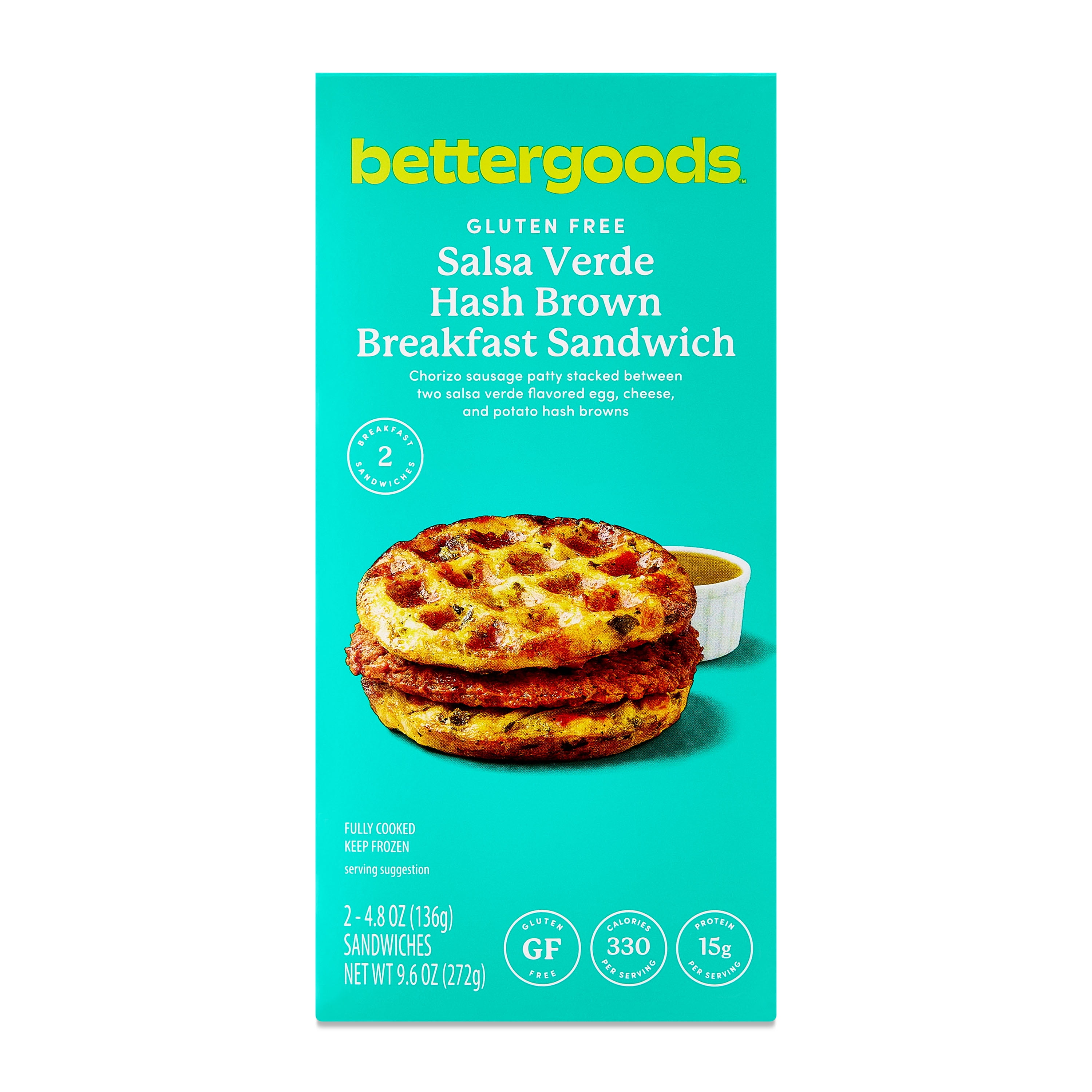 Bettergoods Gluten Free Salsa Verde Hash Brown Breakfast Sandwich, 9.6 oz, 2 Count (Frozen)
