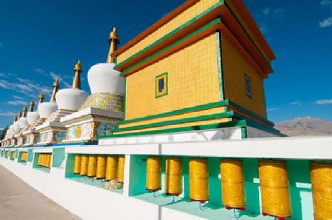 Chortens and prayer flags at Dali Lamas Ladakh home Ladakh India Canvas Art - Ellen Clark DanitaDelimont (19 x 29)