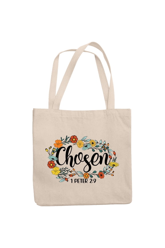 Chosen, 1 Peter 2 9 with Flower Wreath Art Scripture Merch Gift, 12oz Canvas Tote Bag