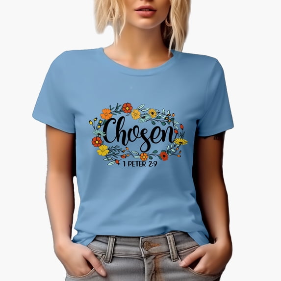 Chosen, 1 Peter 2 9 with Flower Wreath Art Scripture Merch Gift, Baby Blue T-Shirt, Small