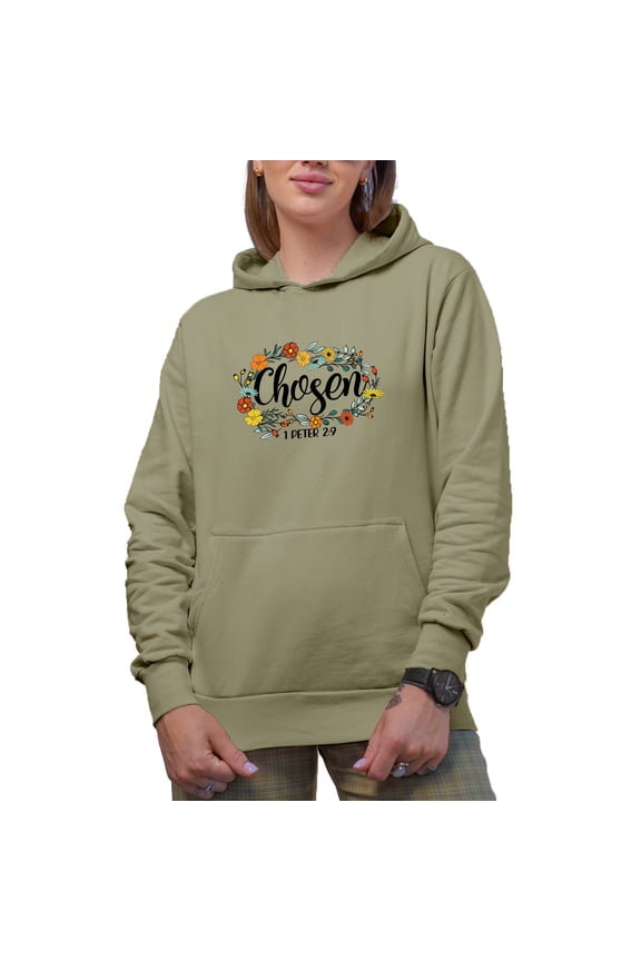 Chosen, 1 Peter 2 9 with Flower Wreath Art Scripture Merch Gift, Sand Hooded Sweatshirt or Hoodie, Medium