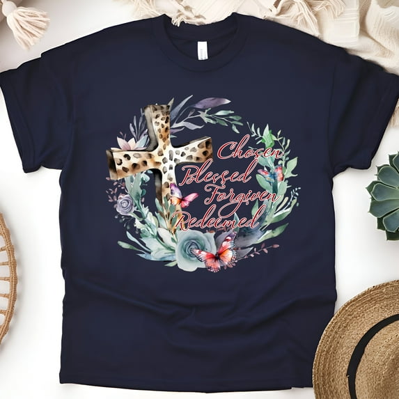 Chosen Blessed Forgiven Redeemed T-Shirt for Women, Christian Cross Tee, Navy, Size S