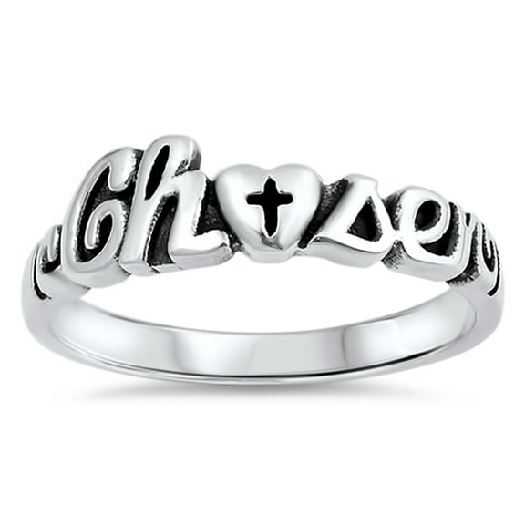 Chosen Heart Cross Cursive Word Oxidized Ring Sterling Silver Band 925 Jewelry Female Male Size 9