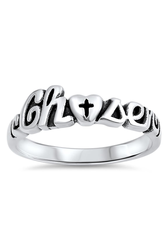Chosen Heart Cross Cursive Word Oxidized Ring Sterling Silver Band 925 Jewelry Female Male Size 9
