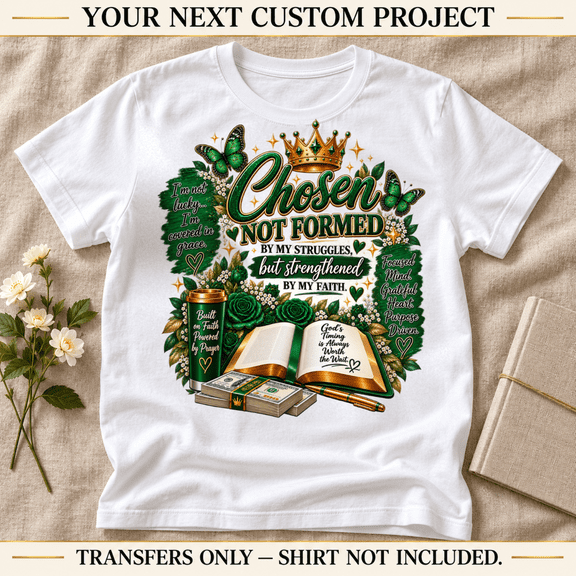 Chosen Not Formed by My Struggles Christian Faith Green and Gold Apparel Heat Transfers, Ready-to-Press, 10 x 10 Inches, 3-Pack