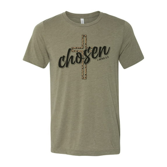 Chosen Shirt, Chosen Leopard, Cross Shirt, Jesus, Christian Shirts, Jesus Shirt, Godly Apparel, Christian T-shirt, Soli Deo Gloria, Messiah, Heather Olive, LARGE