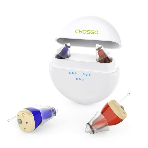 Chosgo K419 Medical Rechargeable Hearing Aids for Seniors with Portable Charging Case,Completely-in-the-Canal for Adults,1 Pair(Red&Blue)