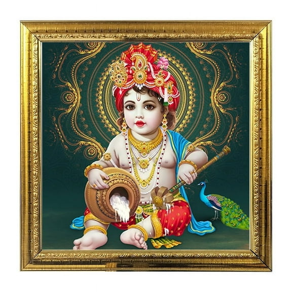 Chote Krishna India God Idol Photo Frame for Pooja Hindu Bhagwan Devi Devta Photo Frame Wall Decor Puja Temple Photo Frame 8.6 in