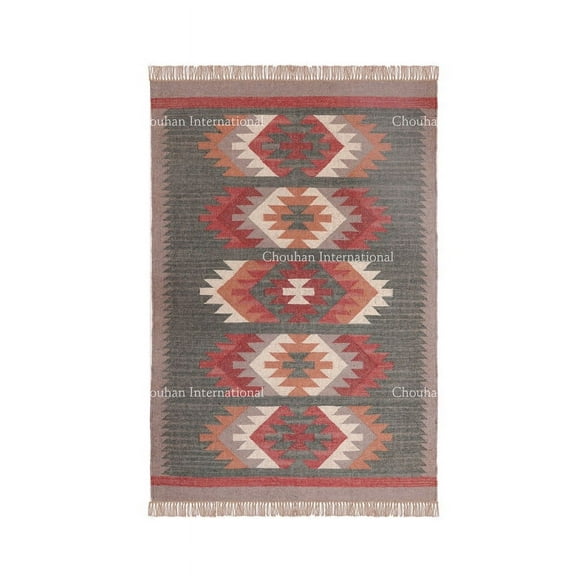 Chouhan Rugs Kilim Rug Wool Jute Rug, Bohemian Rugs, Jute Rug Wool Rug,Kilim Dhurri Wool and Jute Rug Handmade, Kilim Dhurrie Rug, Traditional Indian Wool Jute Rugs ( 8x10 Ft ) (KILM- 10)