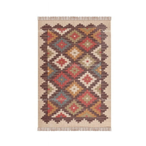 Chouhan Rugs Kilim Rug Wool Jute Rug, Bohemian Rugs, Jute Rug Wool Rug,Kilim Dhurri Wool and Jute Rug Handmade, Kilim Dhurrie Rug, Traditional Indian Wool Jute Rugs ( 6x9 Ft ) (KILM-15)