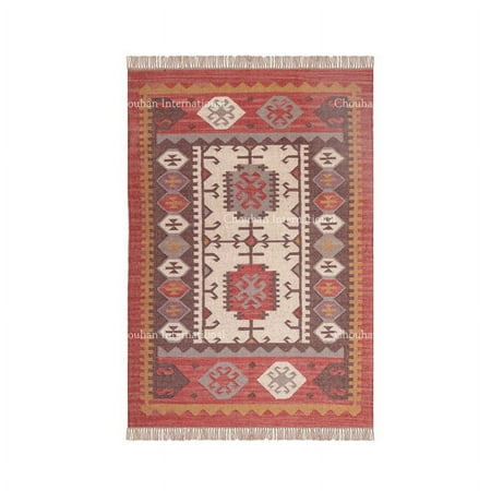 Chouhan Rugs Kilim Rug Wool Jute Rug, Bohemian Rugs, Jute Rug Wool Rug, Kilim Dhurri Wool and Jute Rug Handmade, Kilim Dhurrie Rug, Traditional Indian Wool Jute Rugs ( 3x5 Ft ) (KILM- 11)
