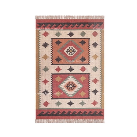 Chouhan Rugs Kilim Rug Wool Jute Rug, Bohemian Rugs, Jute Rug Wool Rug,Kilim Dhurri Wool and Jute Rug Handmade, Kilim Dhurrie Rug, Traditional Indian Wool Jute Rugs ( 3x5 Ft ) (KILM- 9)