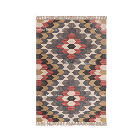 Chouhan Rugs Kilim Rug Wool Jute Rug, Bohemian Rugs, Jute Rug Wool Rug,Kilim Dhurri Wool and Jute Rug Handmade, Kilim Dhurrie Rug, Traditional Indian Wool Jute Rugs ( 8x10 Ft ) (KILM- 4)