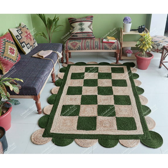 Chouhan Rugs Natural Jute Scalloped Box Design Rug Bohemian Rug Decor Rug Handwoven Rug Custom Rug Decorative Rug
